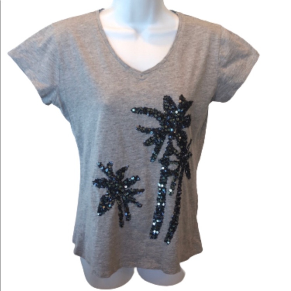 PALM HARBOUR GRAY V NECK TSHIRT • BLACK SEQUIN PALM TREES • SHORT SLEEVES • sz S